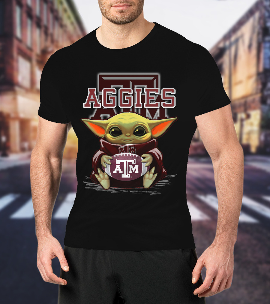 Texas A&M Aggies Baby Yoda Holding Football T-Shirt