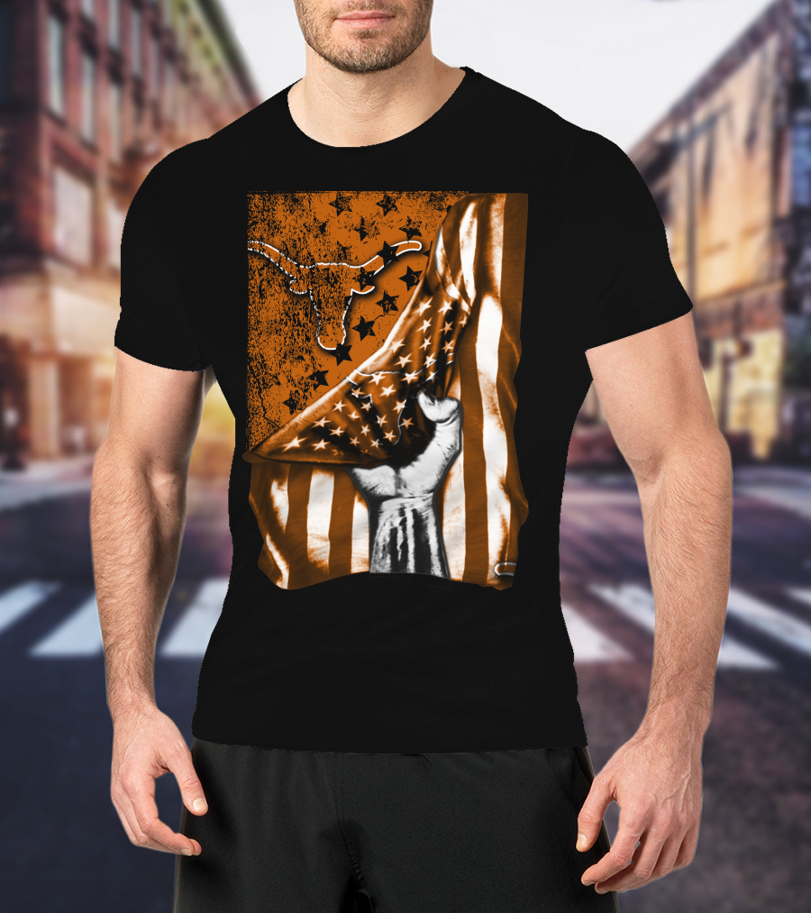 Texas Longhorns Stars And Stripes Flag Hand T-Shirt