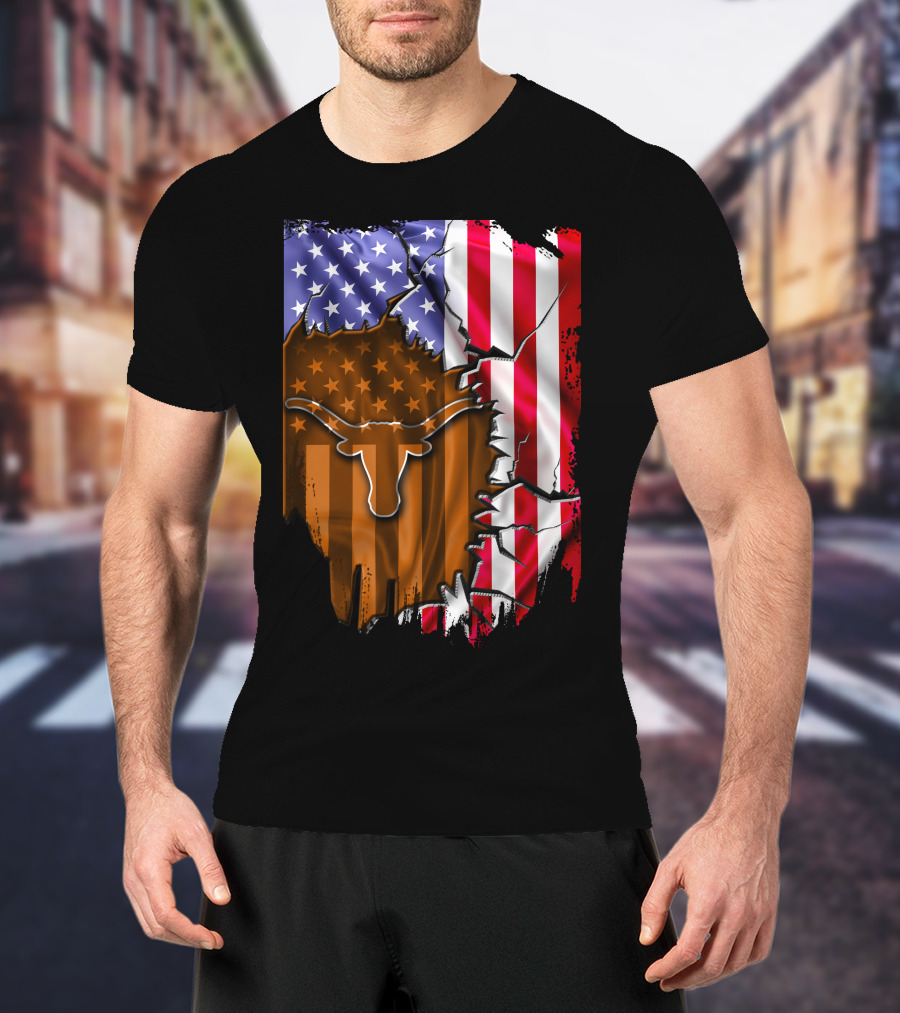 Texas Longhorns American Flag Tear T-Shirt