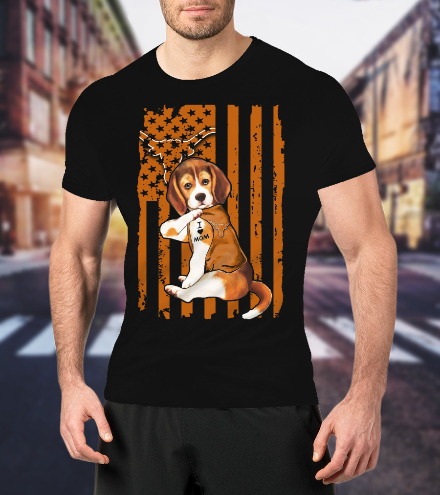 Beagle I Love Mom Texas Longhorns American Flag T-Shirt