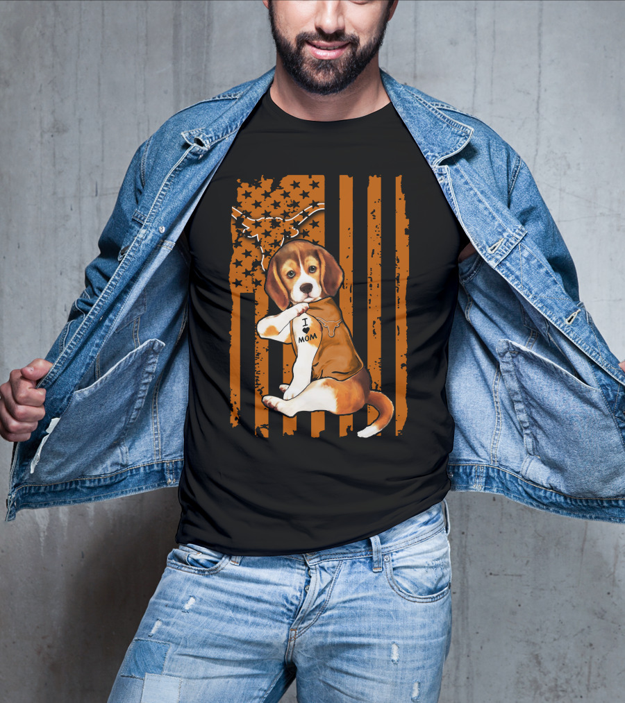 Beagle I Love Mom Texas Longhorns American Flag T-Shirt