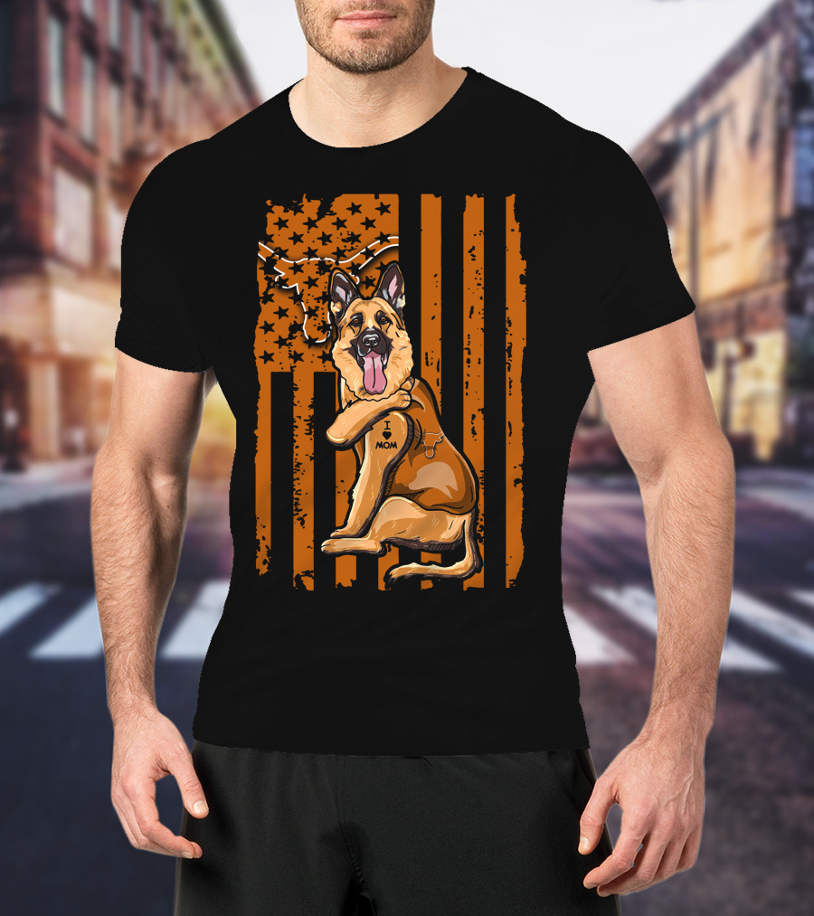German Shepherd I Love Mom Texas Longhorns American Flag T-Shirt