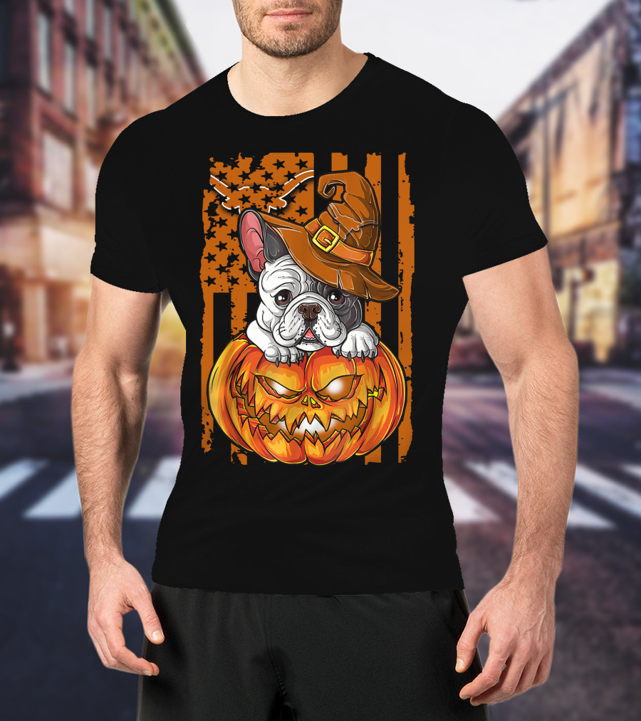 Hlw Bulldog Halloween Pumpkin Wizard Hat Stars Stripes T-Shirt