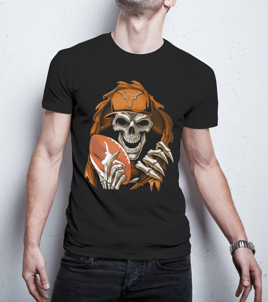 Texas Longhorns Skull With Football And Cap T-Shirt