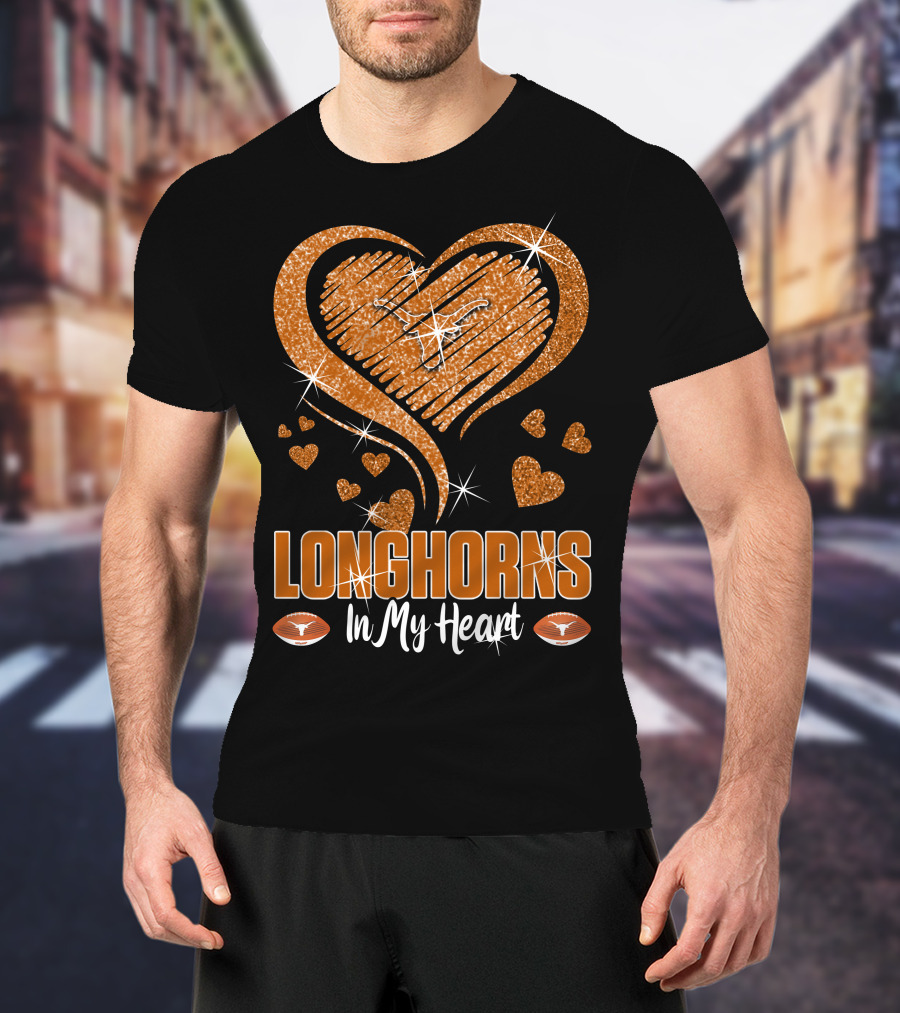 Longhorns In My Heart Glittering Orange With Football Icons T-Shirt
