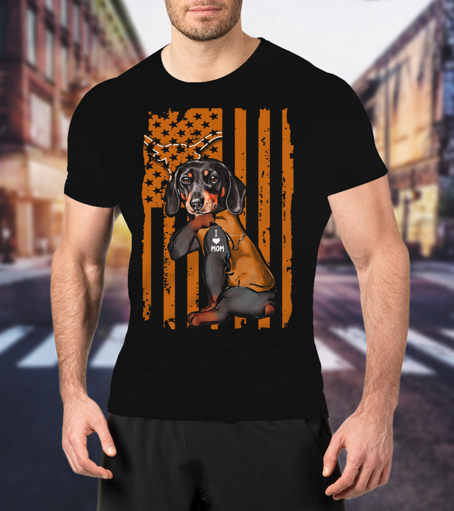 Dachshund I Love Mom Texas Longhorns American Flag Stars Stripes T-Shirt