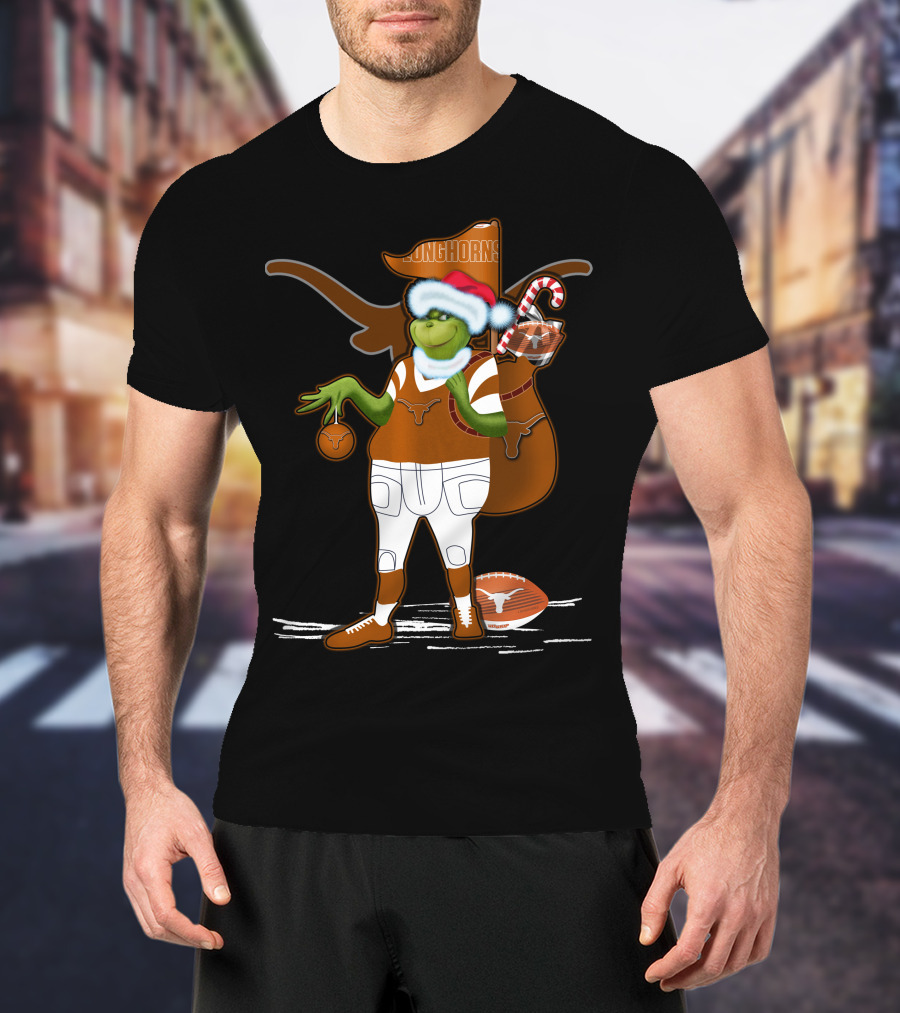 Grinchxmas Longhorns Santa Hat Football Candy Cane T-Shirt