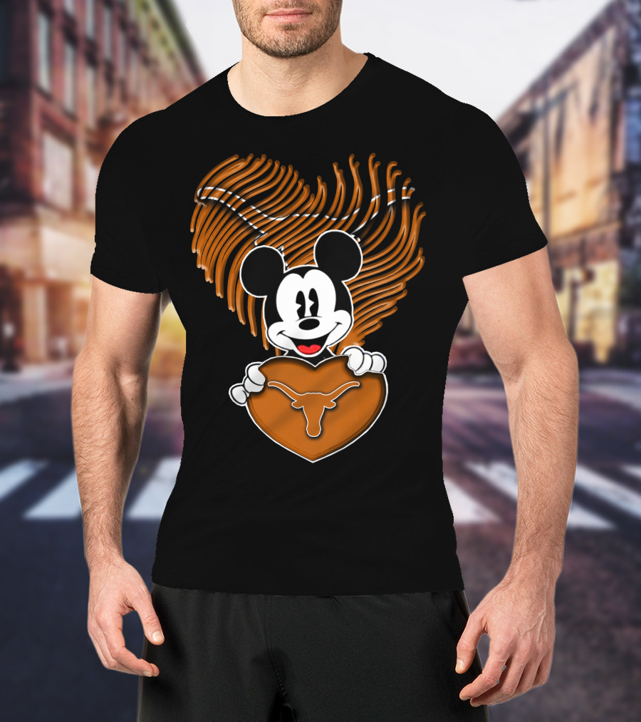 Mick Mouse And Texas Longhorns Heart T-Shirt
