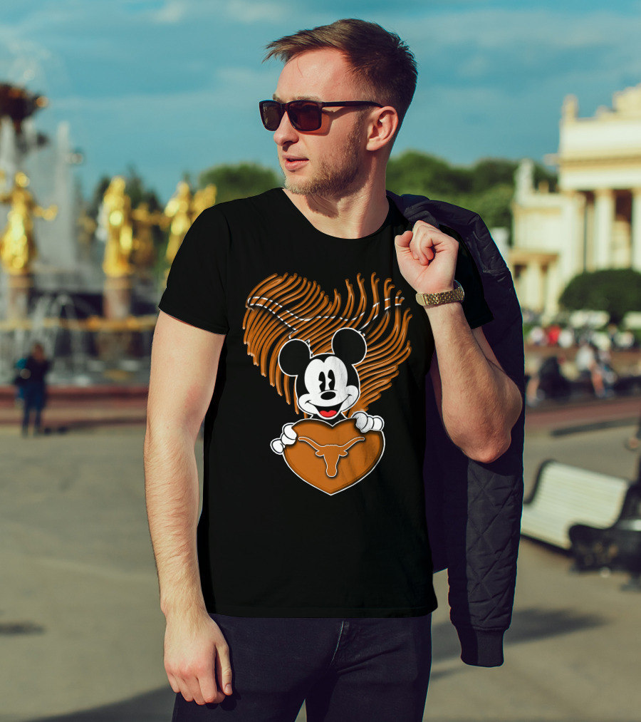Mick Mouse And Texas Longhorns Heart T-Shirt