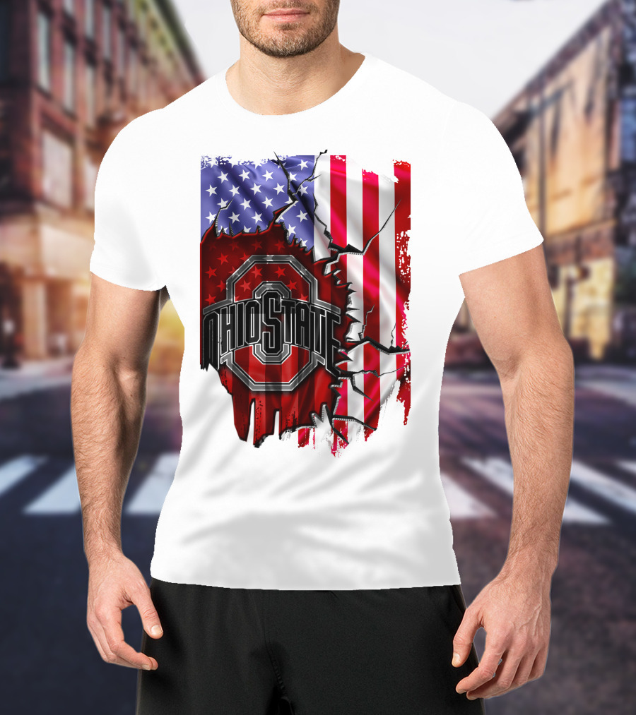 Ohio State Buckeyes Logo With Torn American Flag Background T-Shirt