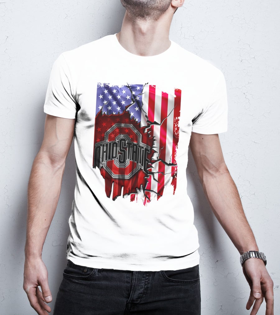 Ohio State Buckeyes Logo With Torn American Flag Background T-Shirt