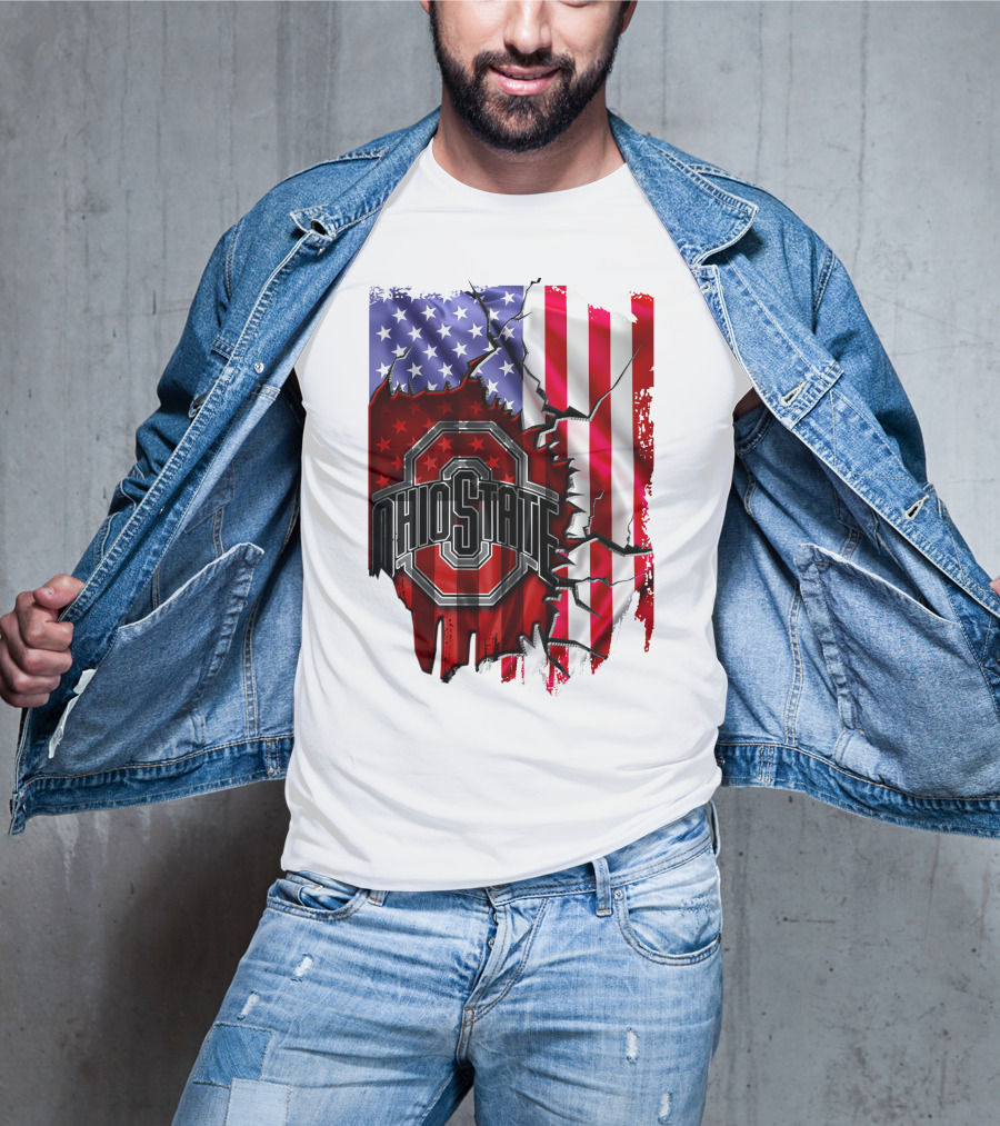 Ohio State Buckeyes Logo With Torn American Flag Background T-Shirt