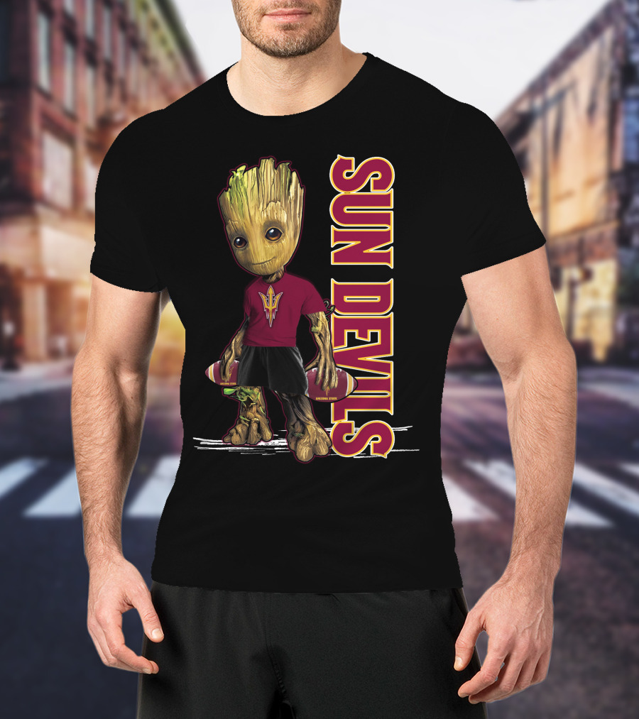 Groot Sun Devils Football Character In Maroon And Gold Team T-Shirt