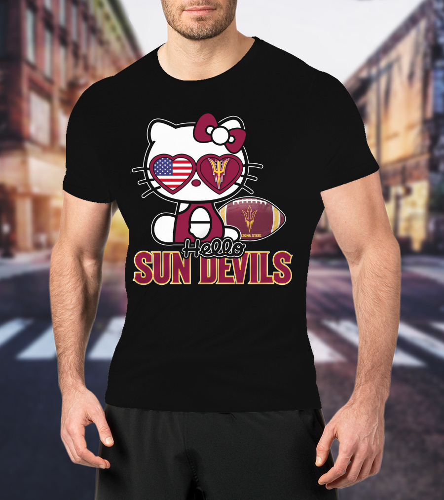 Hello Kitty Arizona State Sun Devils Football USA Heart Glasses T-Shirt