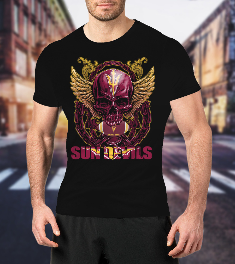 Arizona State Sun Devils Skullfb Winged Skull Football T-Shirt