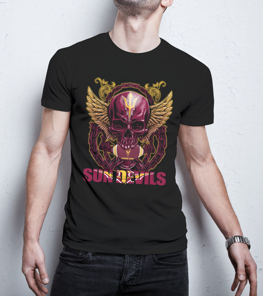 Arizona State Sun Devils Skullfb Winged Skull Football T-Shirt