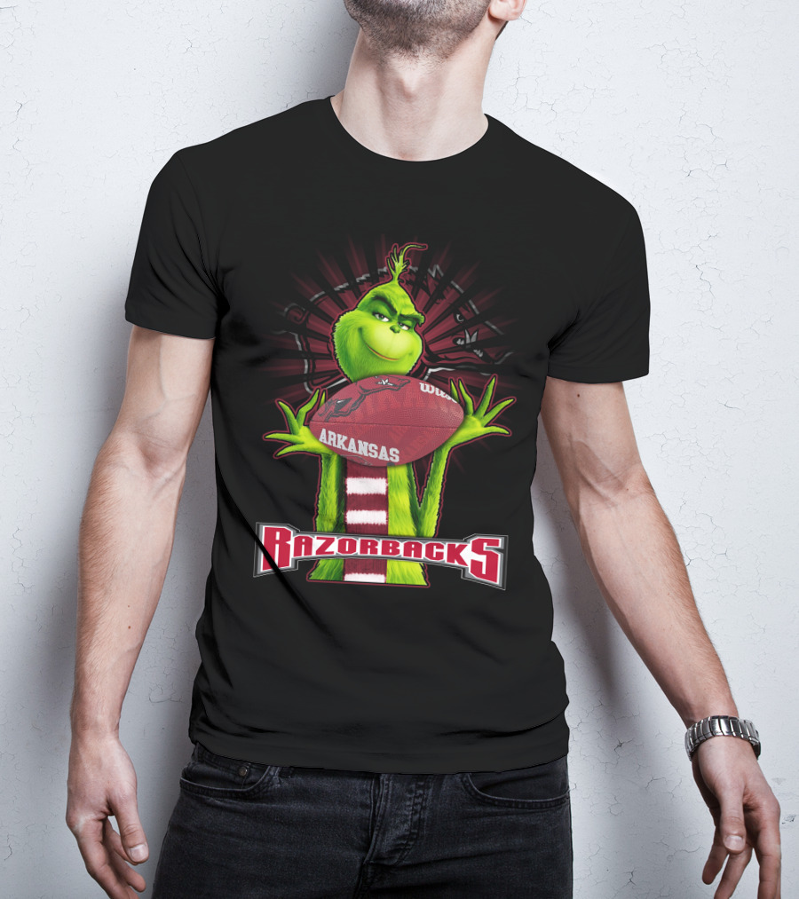 Grinch Holding Arkansas Razorbacks Football T-Shirt