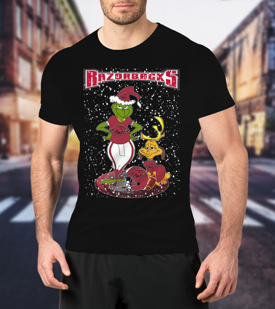 Grinchxmas Arkansas Razorbacks Snowy Holiday Scene T-Shirt