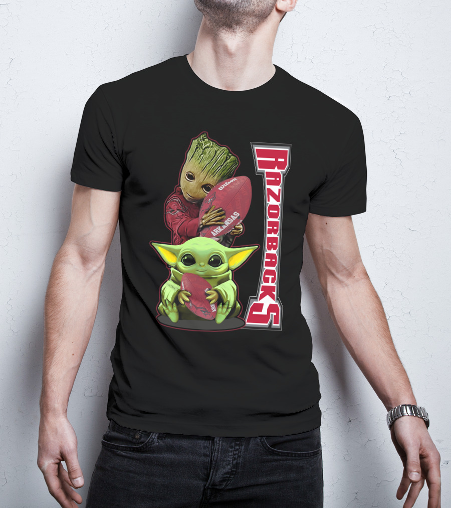 Grzd Arkansas Razorbacks Groot And Baby Yoda Football Fans T-Shirt