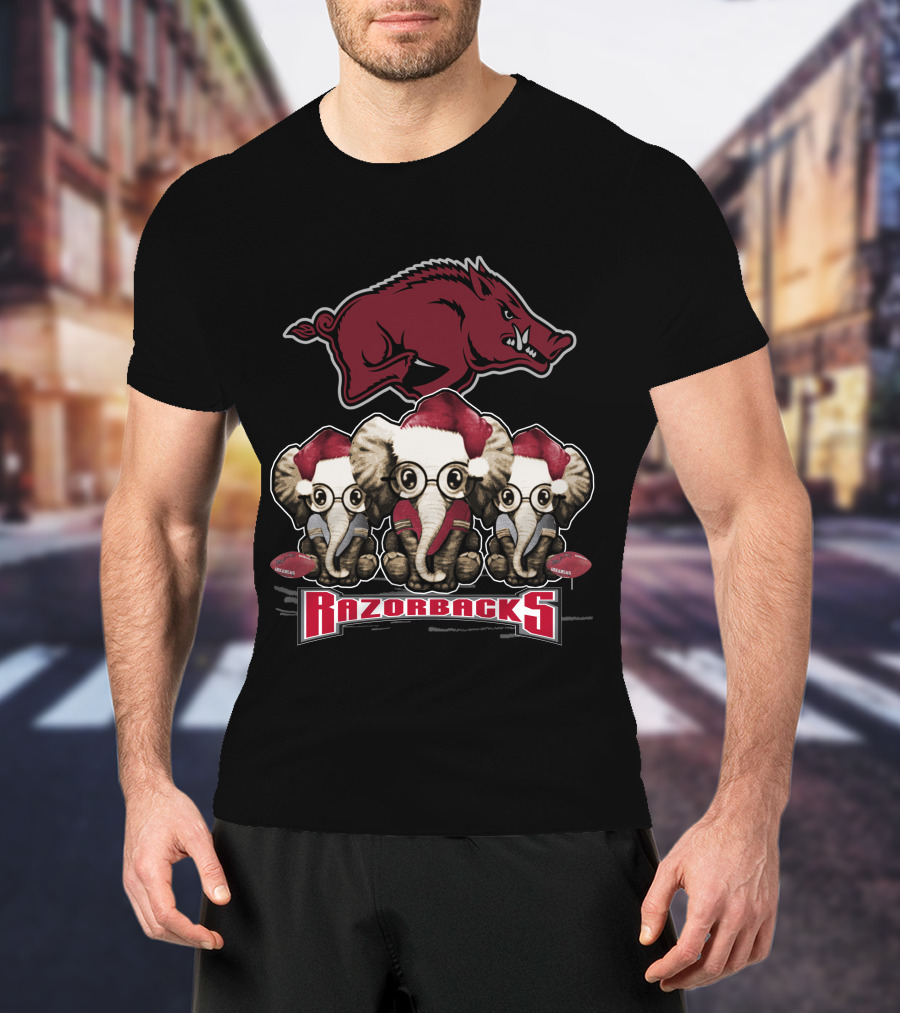 Razorbacks Elephan Xmas With Santa Hat Elephants And Arkansas T-Shirt