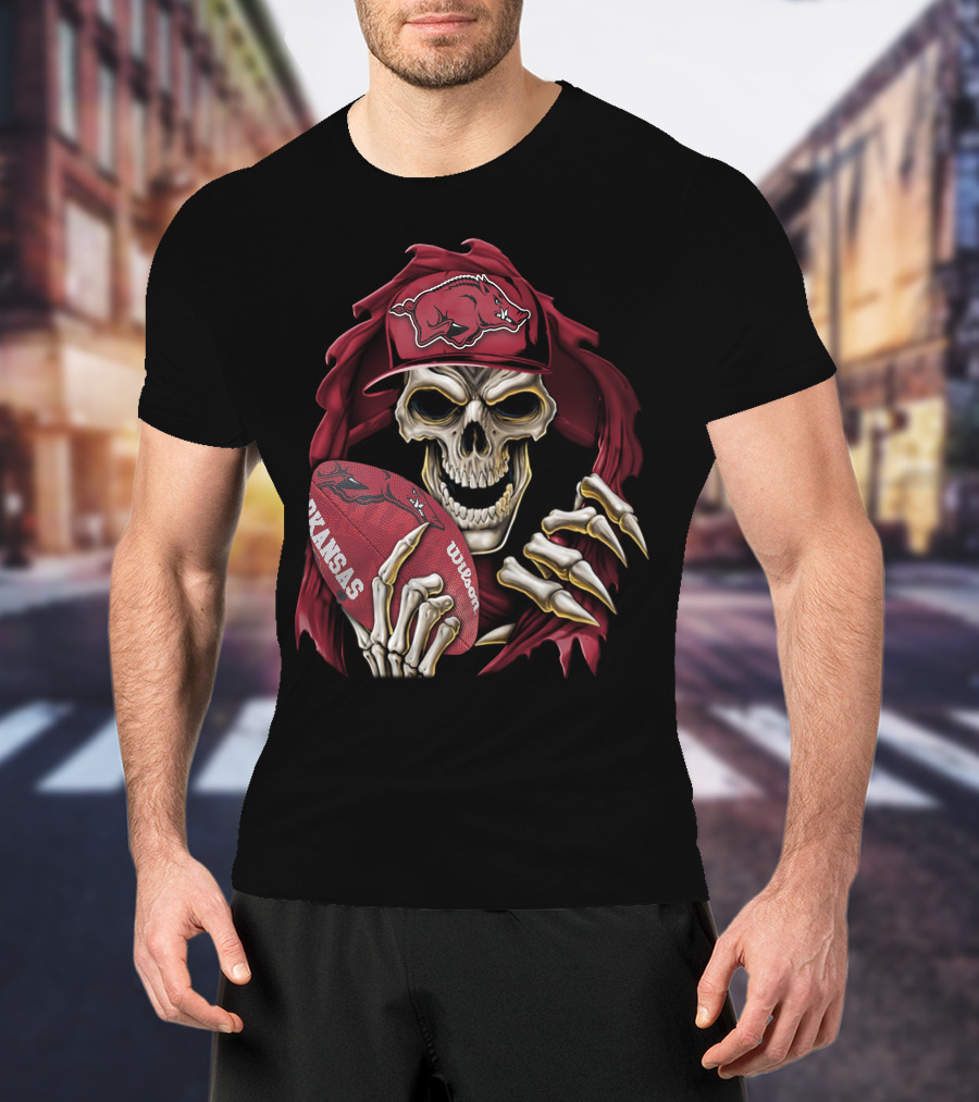 Skullbong Arkansas Razorbacks Skeleton Holding Football With Razorback Cap T-Shirt
