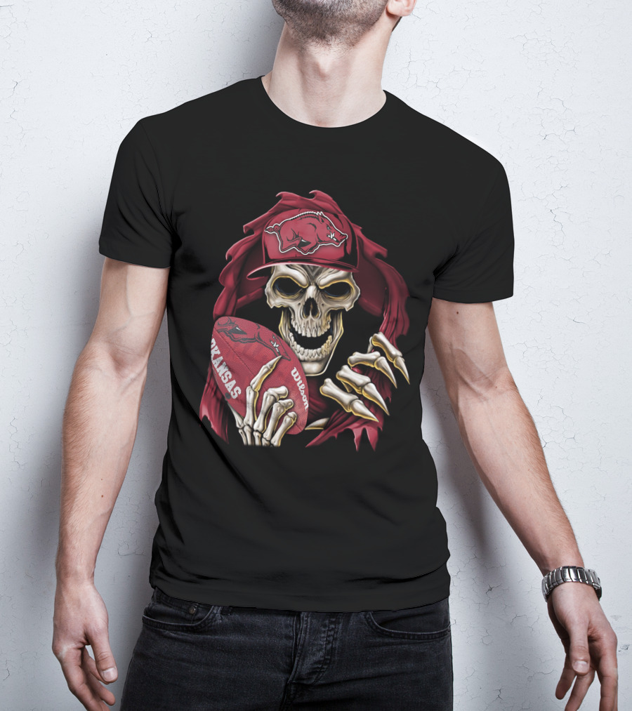 Skullbong Arkansas Razorbacks Skeleton Holding Football With Razorback Cap T-Shirt