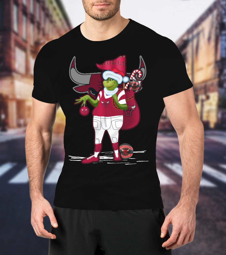 Grinchxmas Chicago Bulls Holiday Character With Santa Hat And Candy Cane T-Shirt