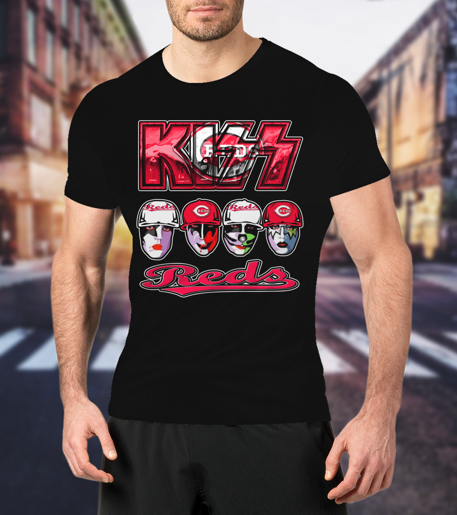 Kiss Reds Cincinnati Faces With Baseball Caps T-Shirt