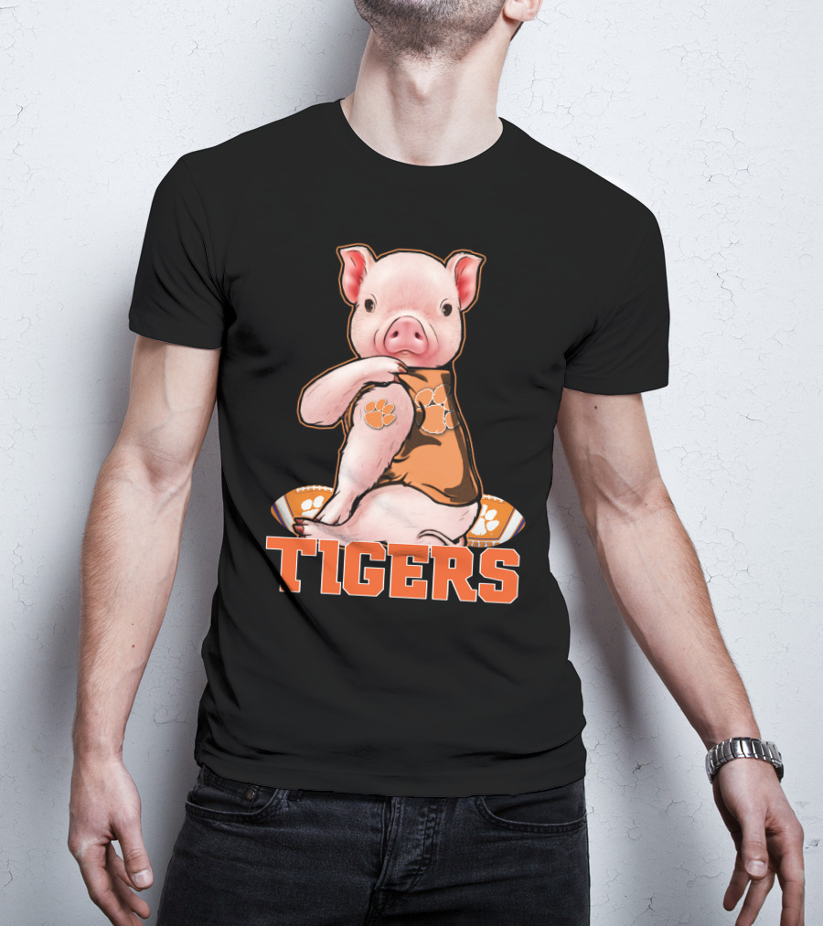 Pig Wearing Clemson Tigers Jersey Football Motif T-Shirt