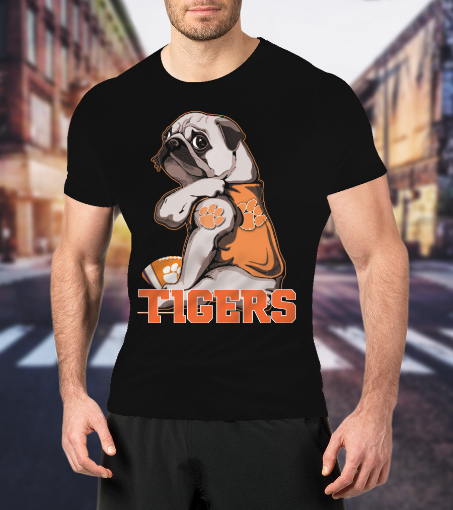 Pug Wearing Clemson Tigers Jersey With Paw Prints Football T-Shirt