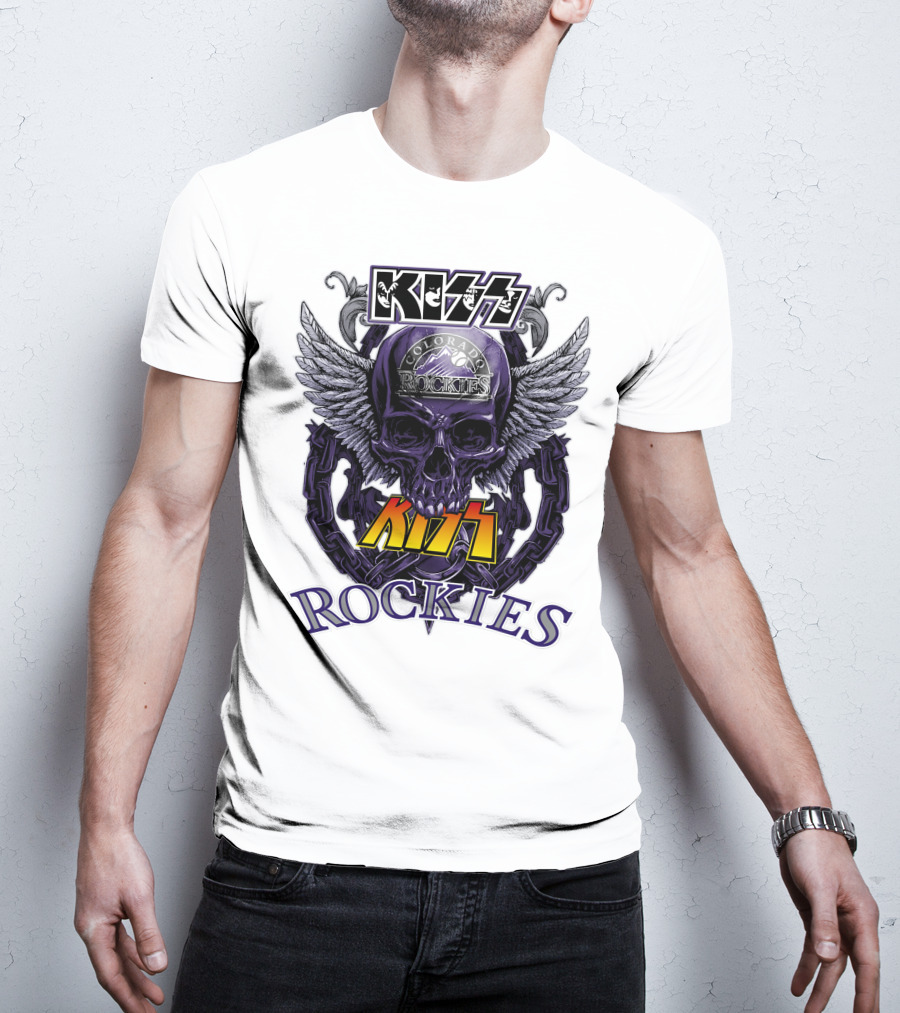 Kiss Colorado Rockies Skull Wings Logo Fusion T-Shirt