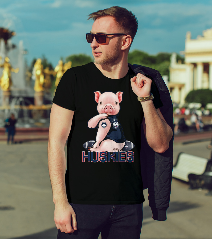 Pig Wearing Connecticut Huskies Logo Football Mascot T-Shirt