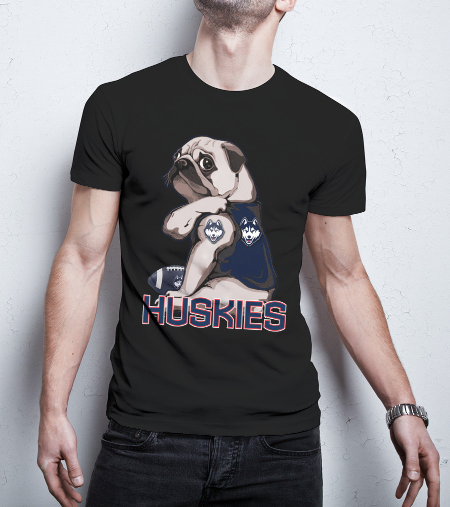 Pug With Connecticut Huskies Logo And Football T-Shirt