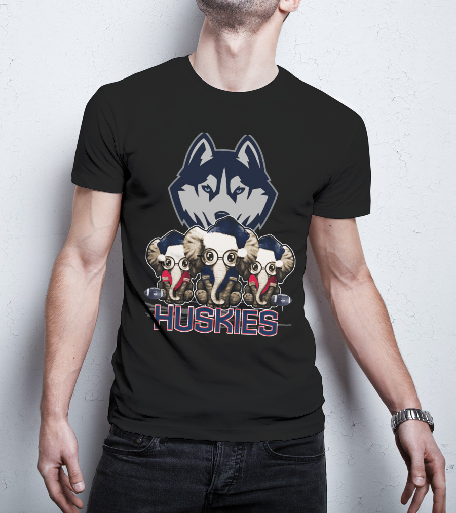 Elephant Xmas Connecticut Huskies Trio With Santa Hats And Glasses T-Shirt