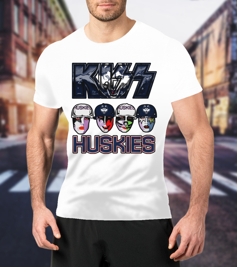 Kiss Band Style Logo With Connecticut Huskies Faces And Hats T-Shirt