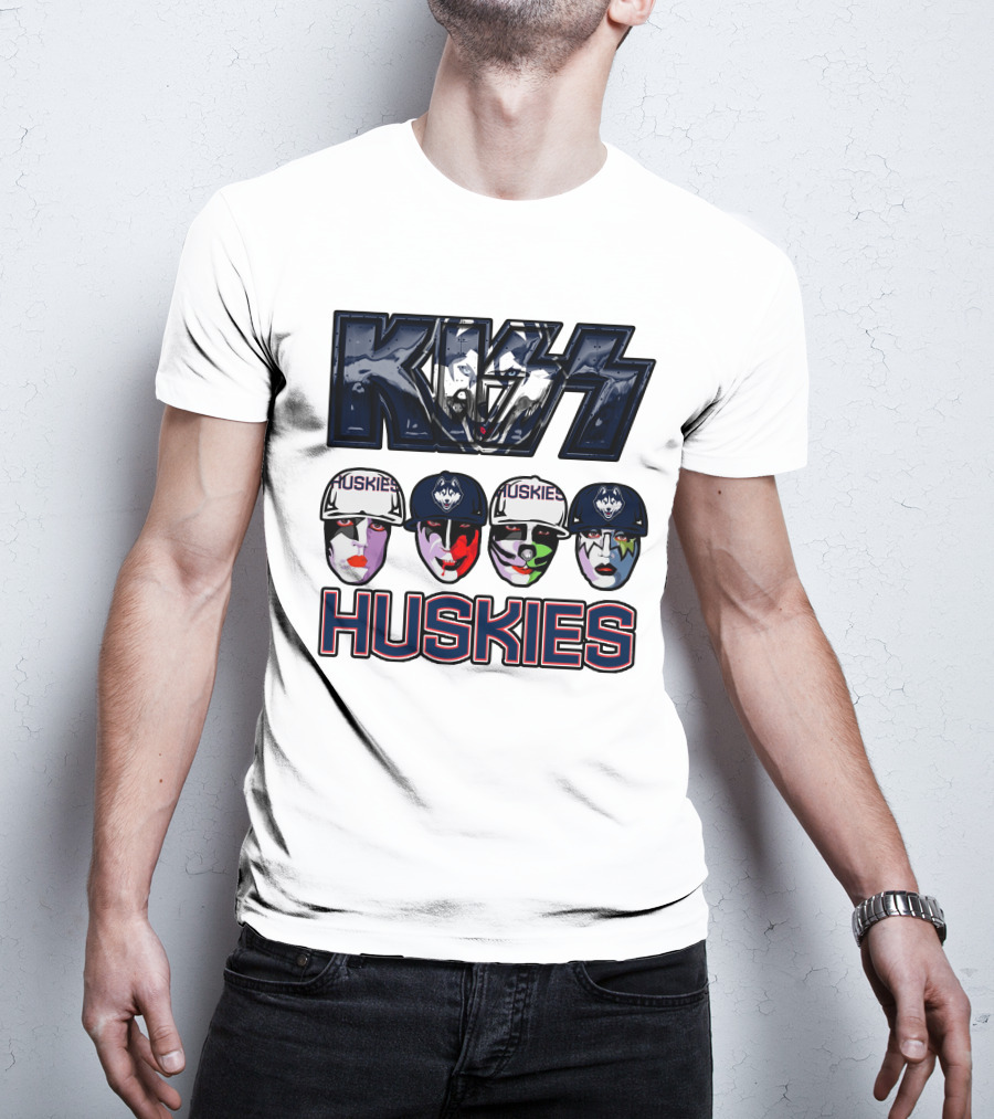 Kiss Band Style Logo With Connecticut Huskies Faces And Hats T-Shirt