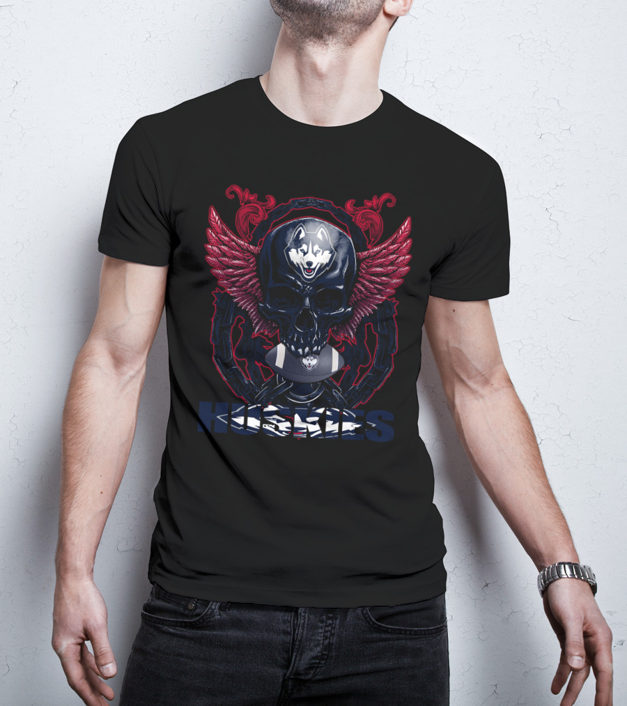 Huskies Skullfb Connecticut Winged Skull With Husky T-Shirt
