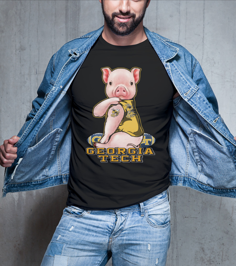 Pig Wearing Georgia Tech Yellow Jackets Mascot Jersey T-Shirt