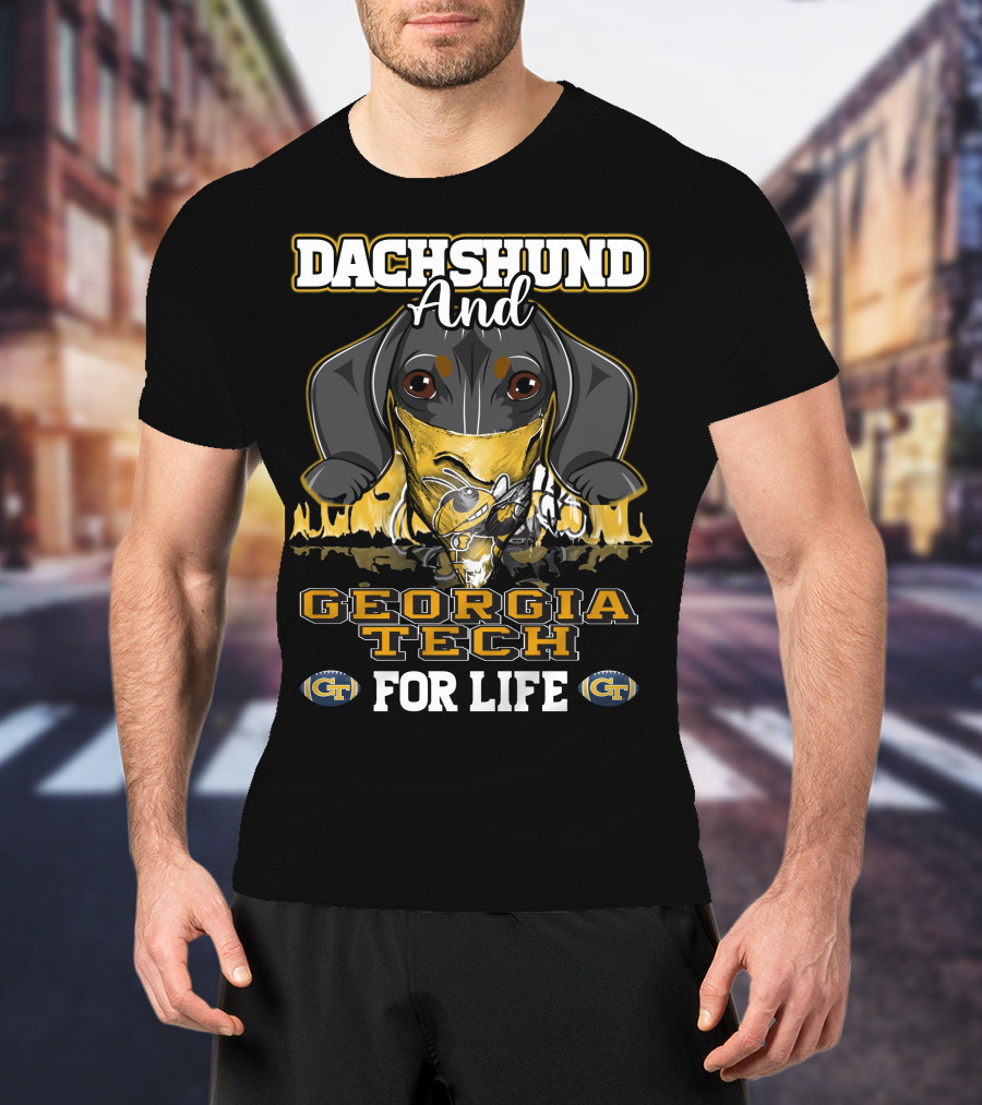 Dachshund And Georgia Tech GT For Life Yellow Jackets T-Shirt