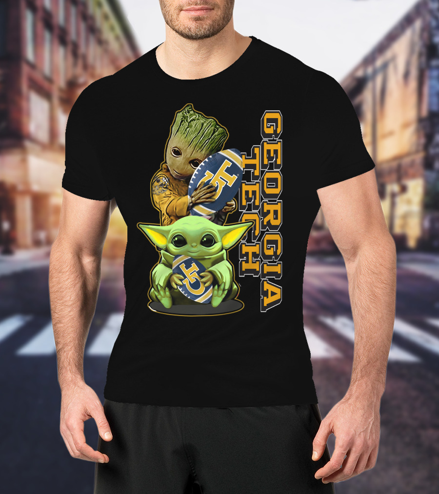 Grzd Georgia Tech Yellow Jackets Groot And Baby Yoda Football T-Shirt