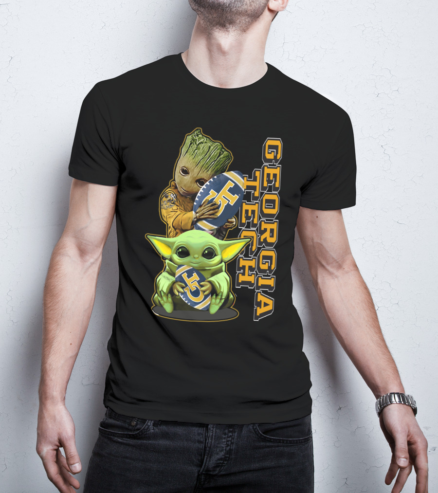 Grzd Georgia Tech Yellow Jackets Groot And Baby Yoda Football T-Shirt