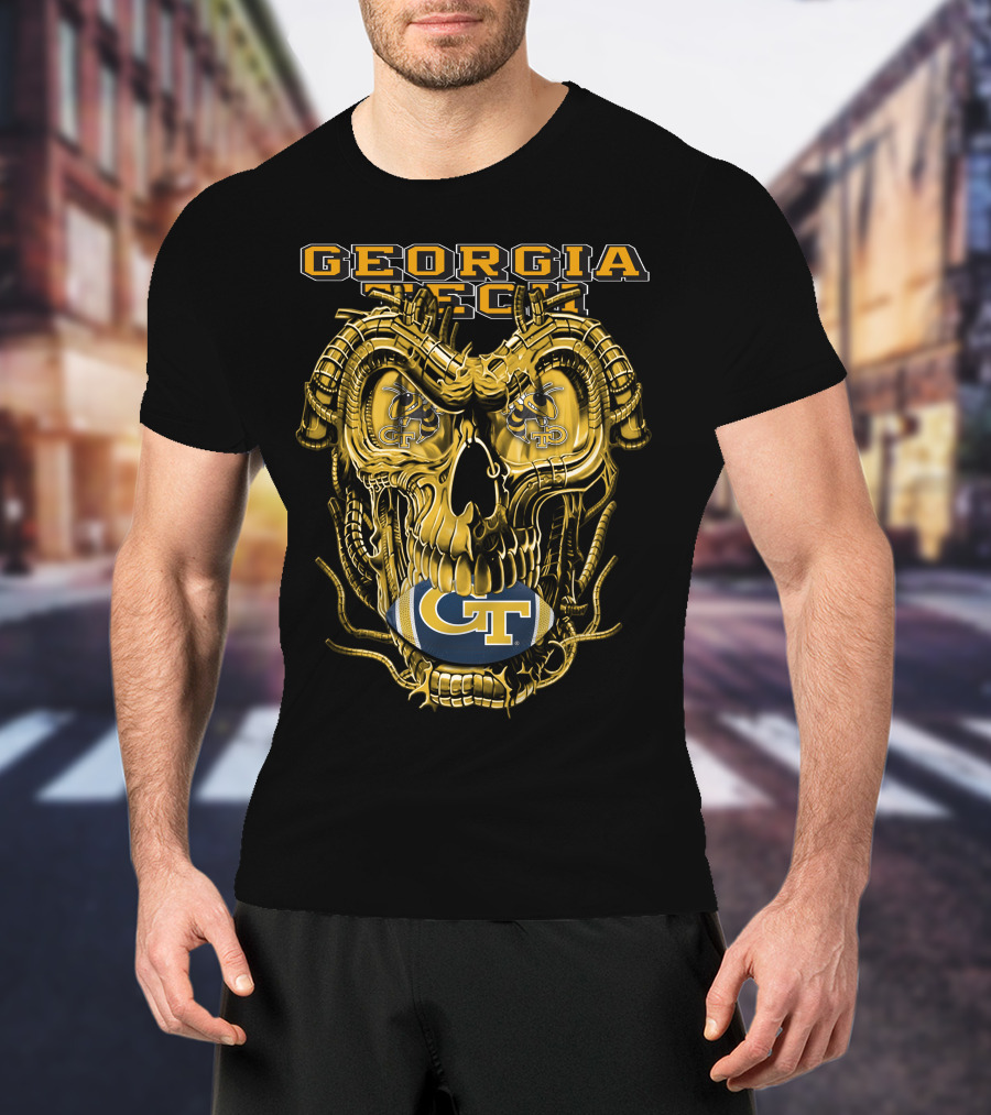 Georgia Tech Yellow Jackets Skull With GT Football And Mechanical Details T-Shirt