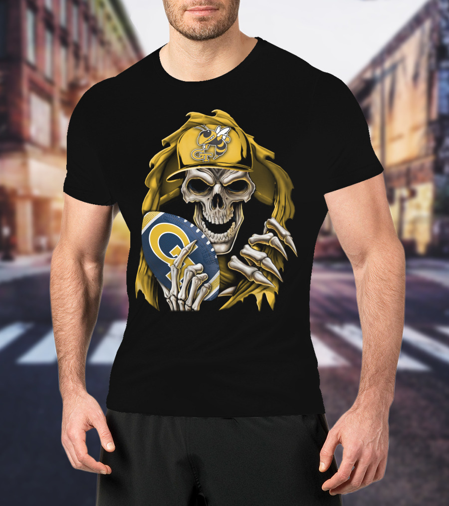 Skullbong Georgia Tech Yellow Jackets Grim Reaper Holding GT Football With Yellow Jacket Cap T-Shirt