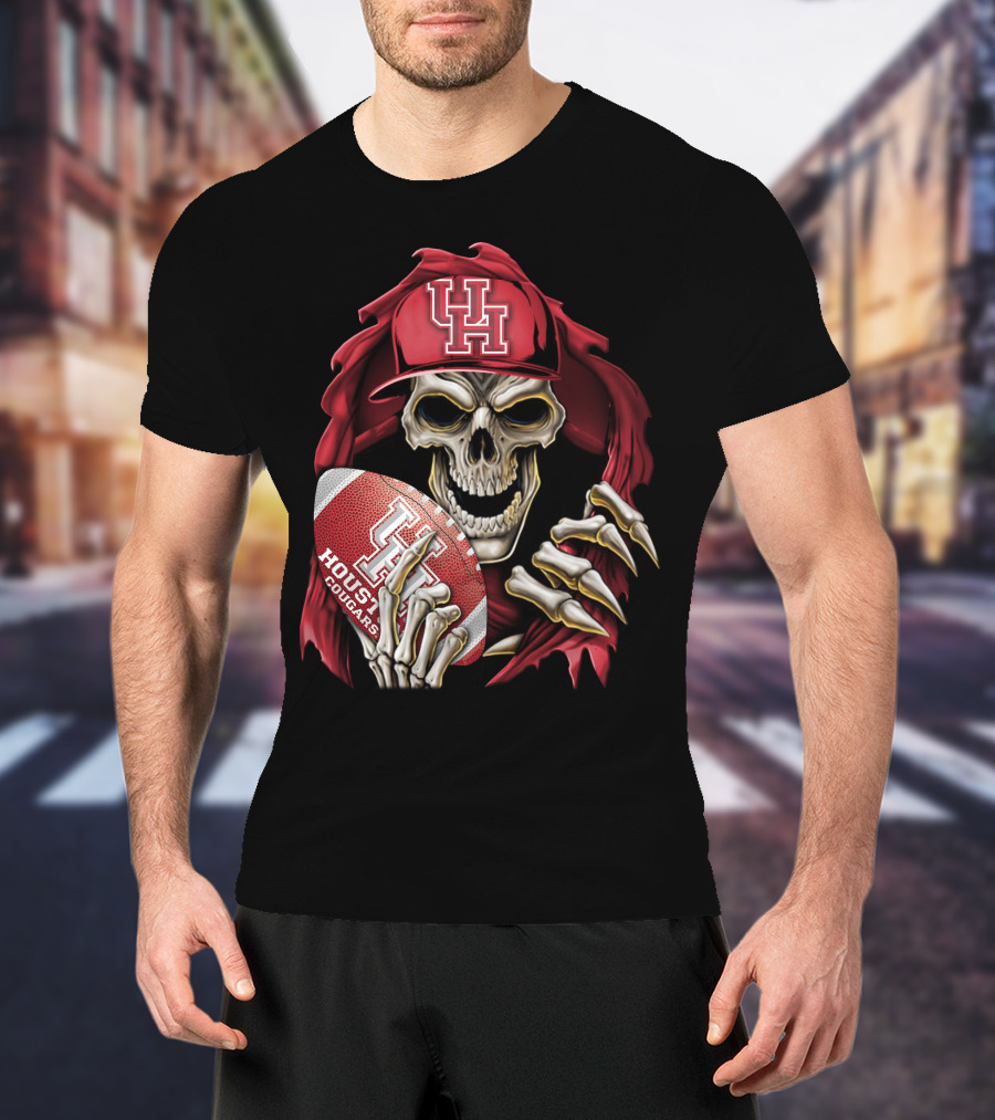 Skullbong Houston Cougars Skeleton Holding Football With UH T-Shirt