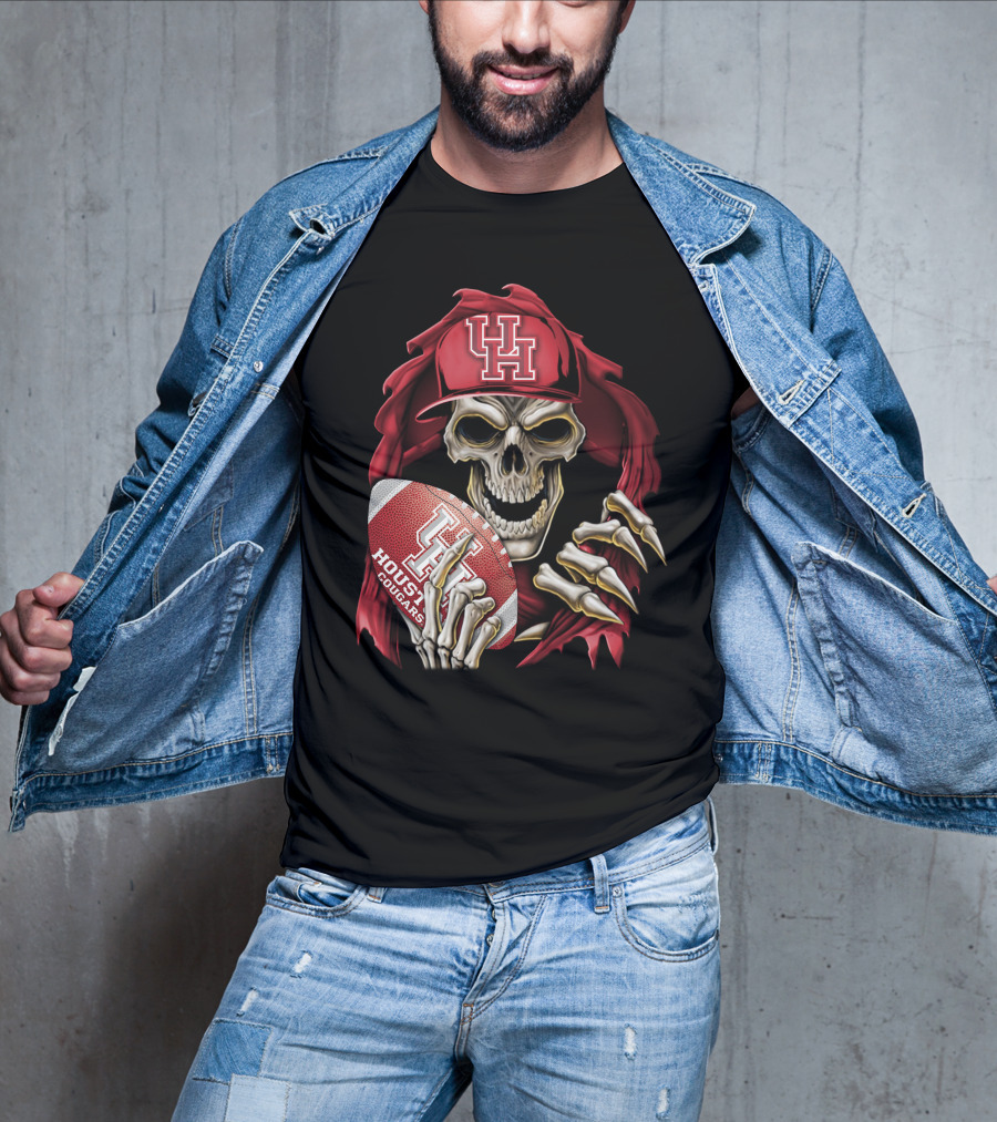 Skullbong Houston Cougars Skeleton Holding Football With UH T-Shirt