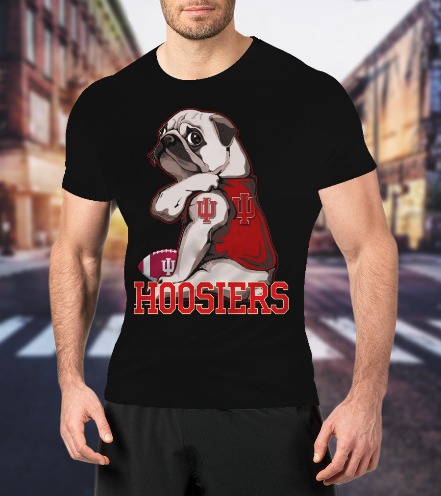 Pug Wearing Indiana Hoosiers Football Jersey With IU T-Shirt