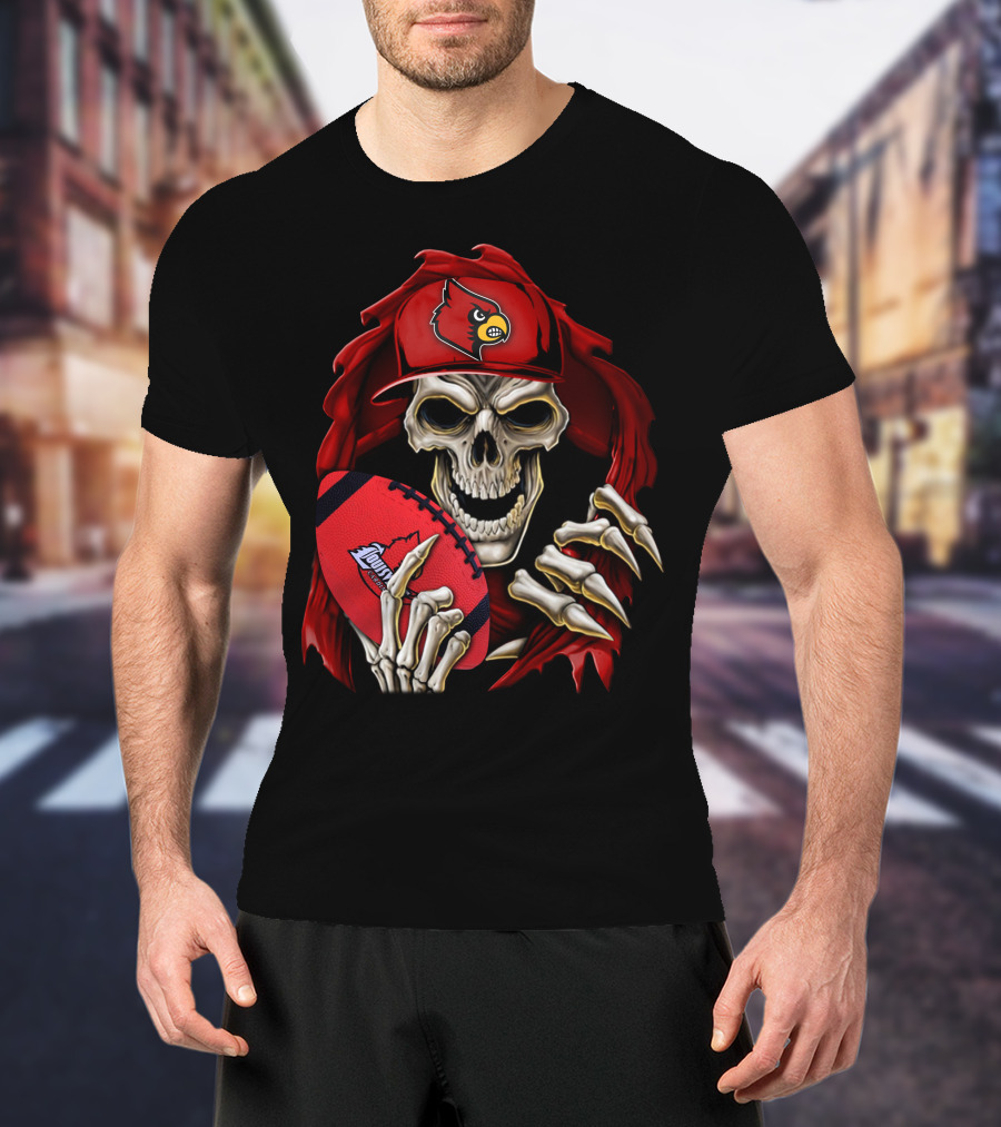 Skullbong Louisville Cardinals Skeleton With Football And Cap T-Shirt