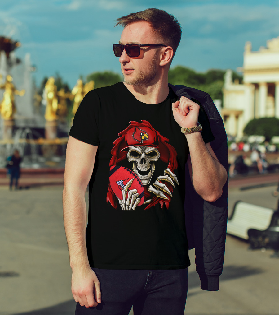 Skullbong Louisville Cardinals Skeleton With Football And Cap T-Shirt
