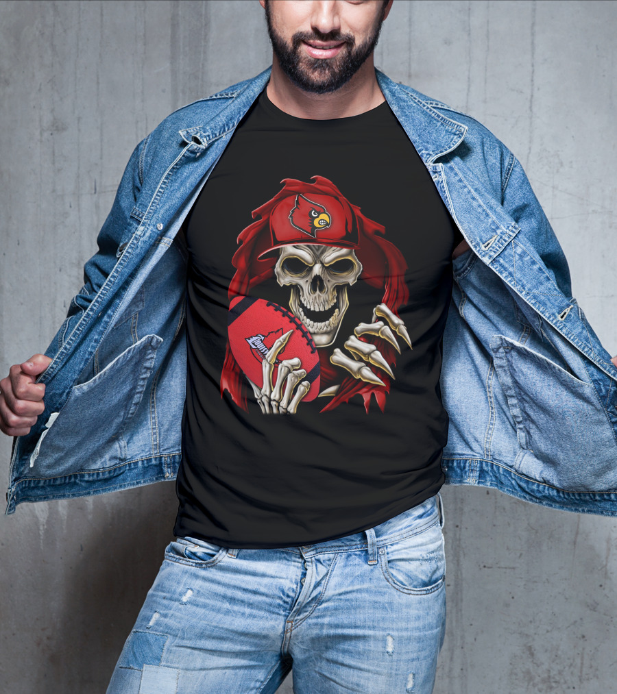Skullbong Louisville Cardinals Skeleton With Football And Cap T-Shirt