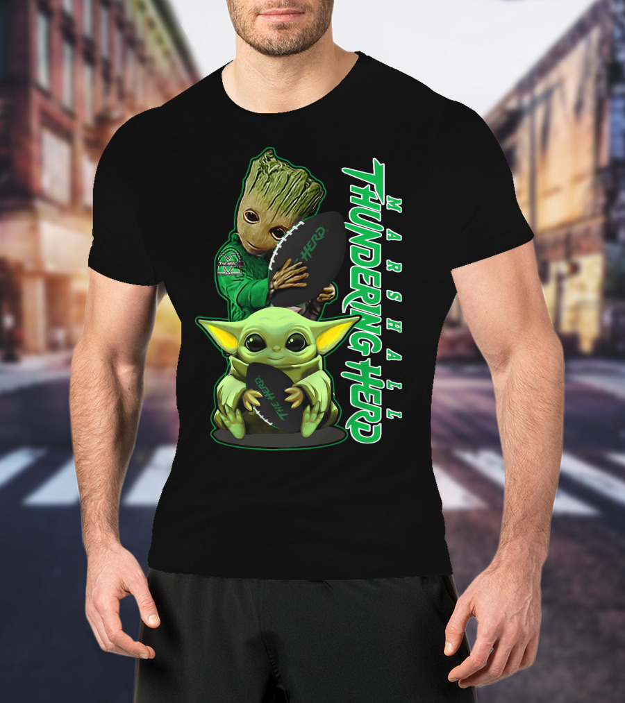 Marshall Thundering Herd Groot Baby Yoda Football T-Shirt